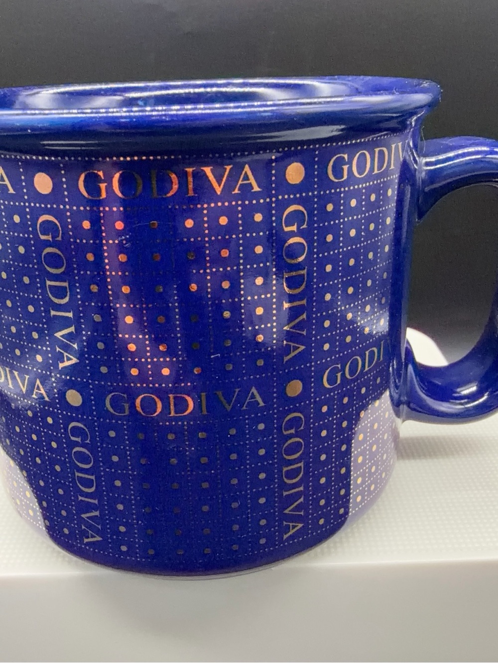 Godiva Chocolatier Logo Coffee Mug Cup 16oz Cobalt Blue & Gold Approx 4”